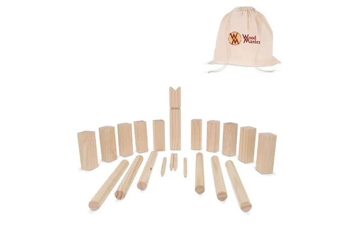 Wooden Kubb game in pouch