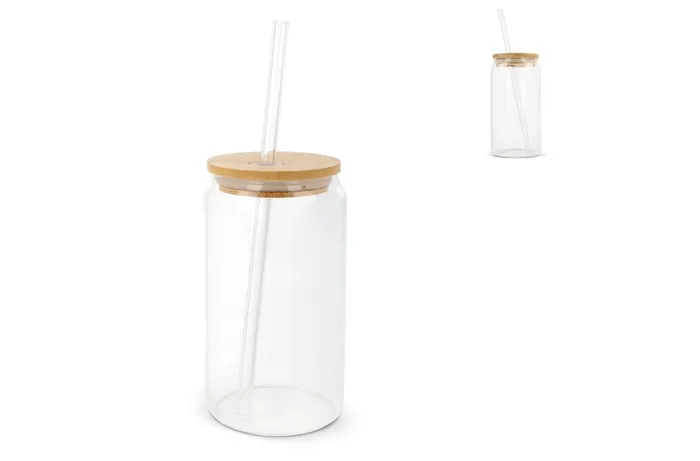 Glas met bamboe deksel & rietje 450 ml