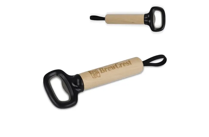 Bottle opener with wooden handle and strap