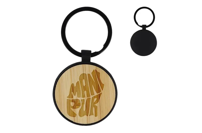 Bamboo and metal keychain round